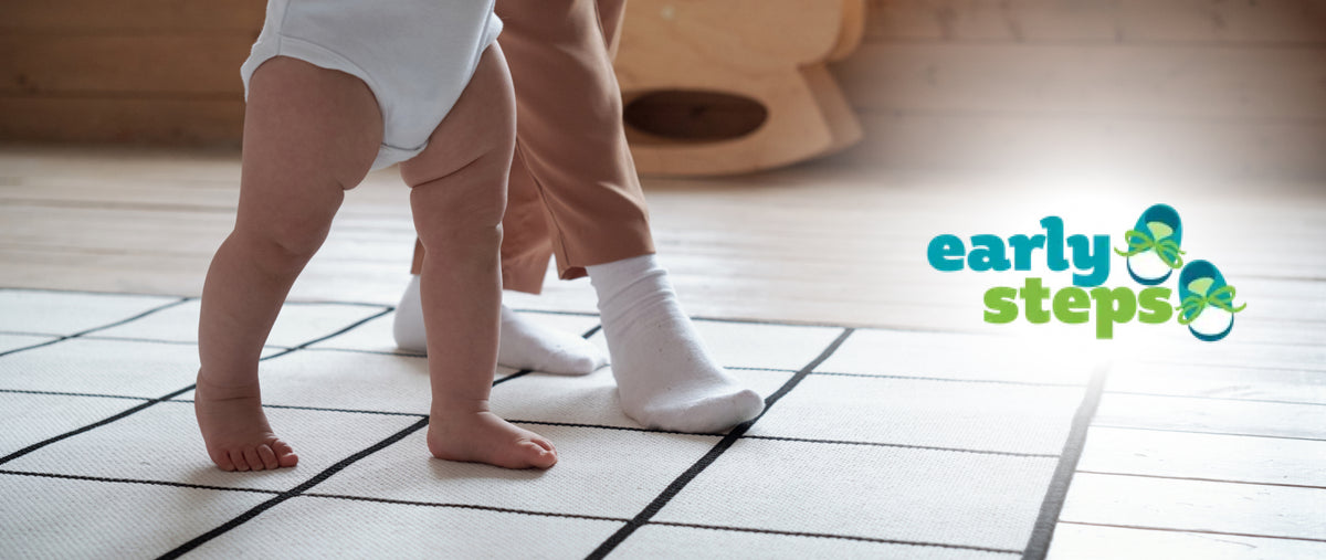 Florida early steps program early steps - Baby practicing walking with adult support during early childhood development, featuring the Early Steps logo.