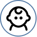 Circular blue icon featuring a stylized child figure.